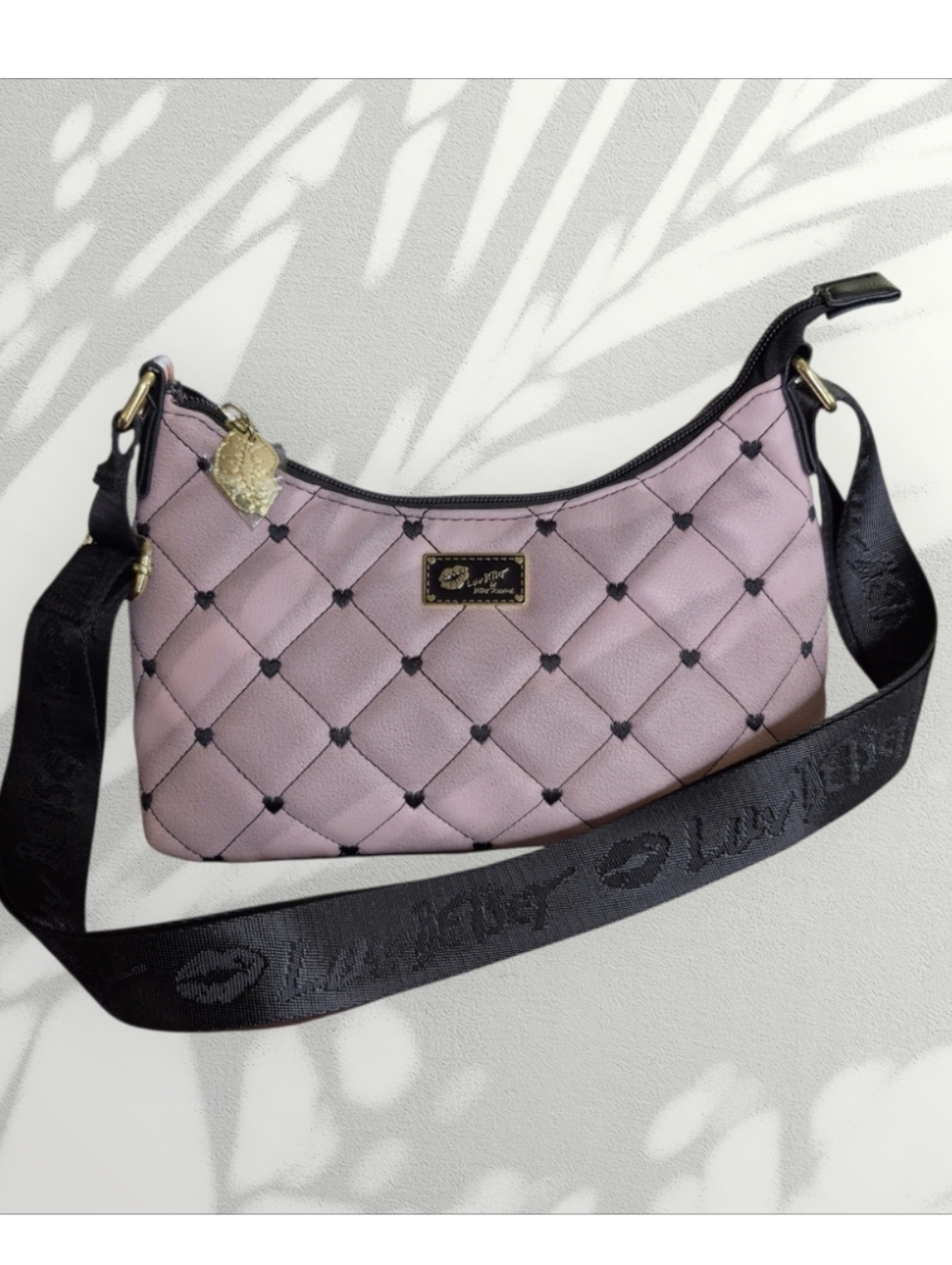 Luv Betsey Lola Crossbody By Betsey Johnson Pink Quilted With Black Hearts - Picture 2 of 10